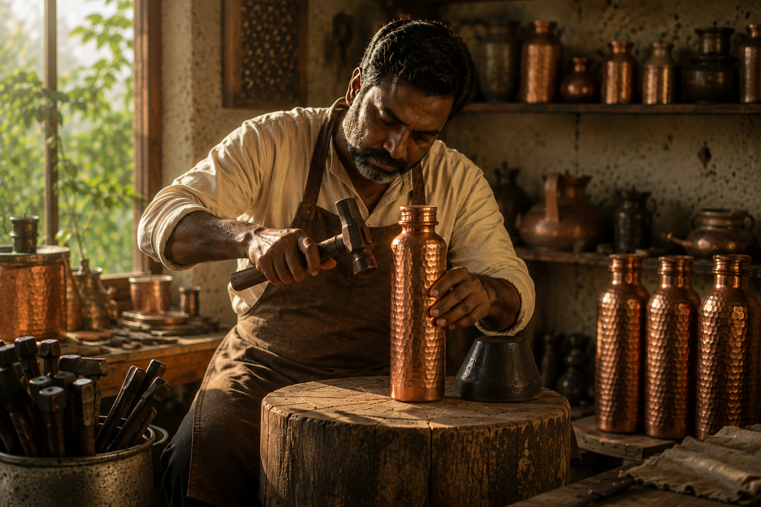 A coppersmith hand-hammering a copper bottle in a workshop, surrounded by finished copper vessels.