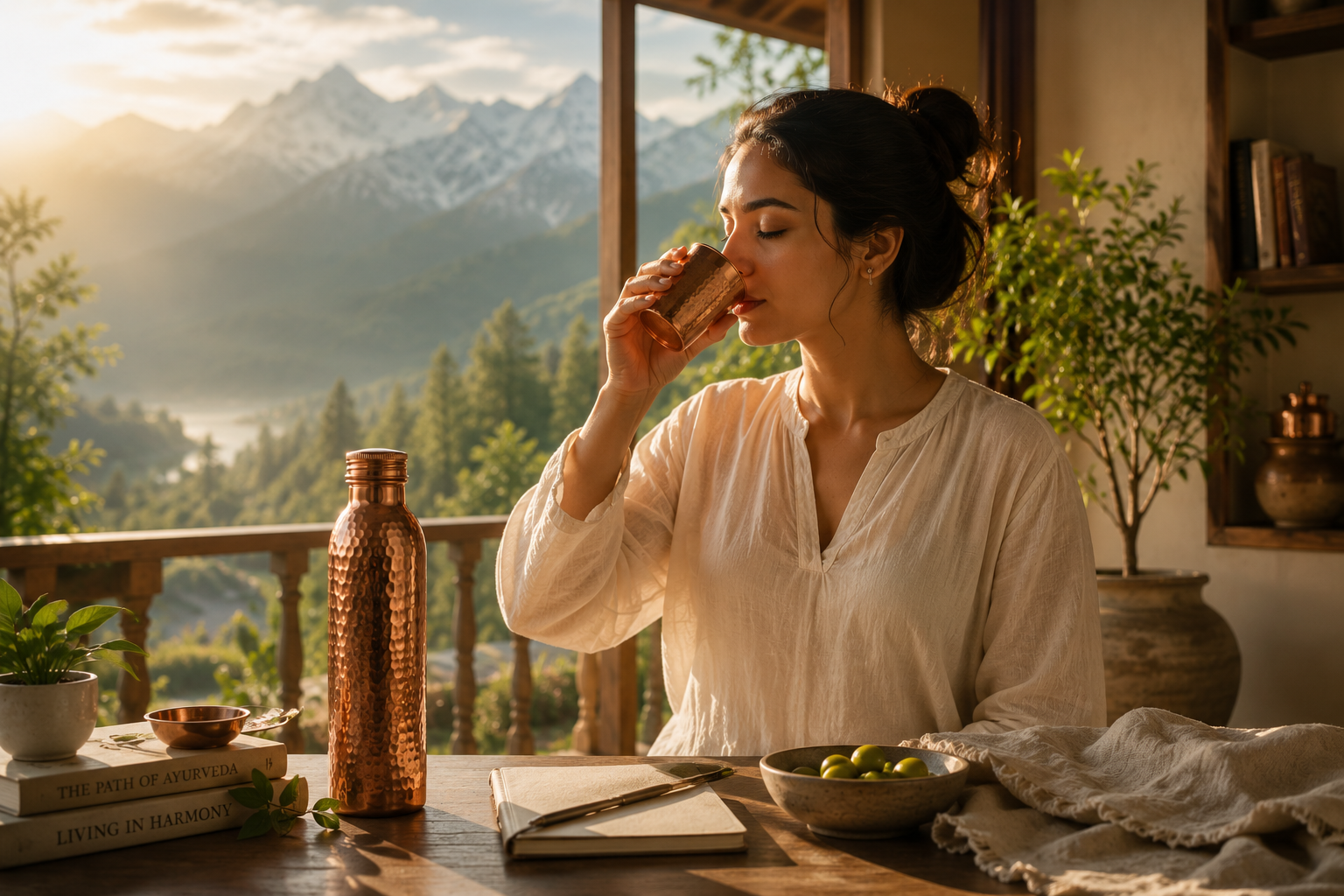 A woman drinking from a copper tumbler at a mountain-view table in the morning light, a copper bottle beside her.