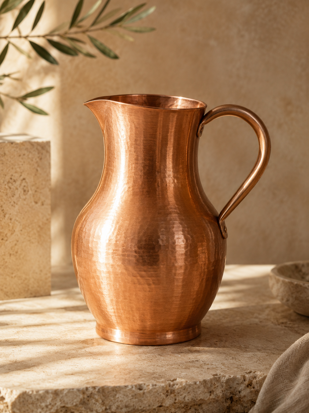 The Ambai Jug on a sunlit stone ledge, an olive branch overhead and a small stone bowl nearby.