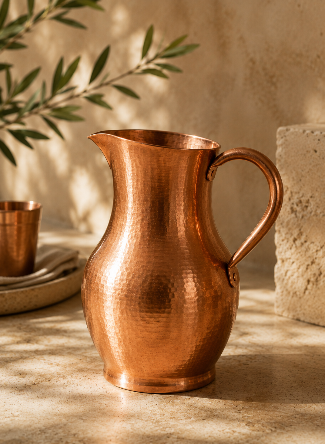 The Ambai Jug beside a copper tumbler and a stack of plates, set for the table.