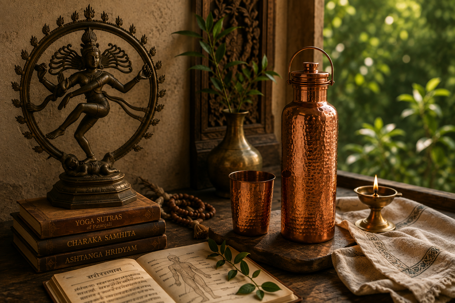 A Nataraja figure, Ayurvedic and yoga texts, and a copper bottle and tumbler beside a wood panel carved with calligraphy.
