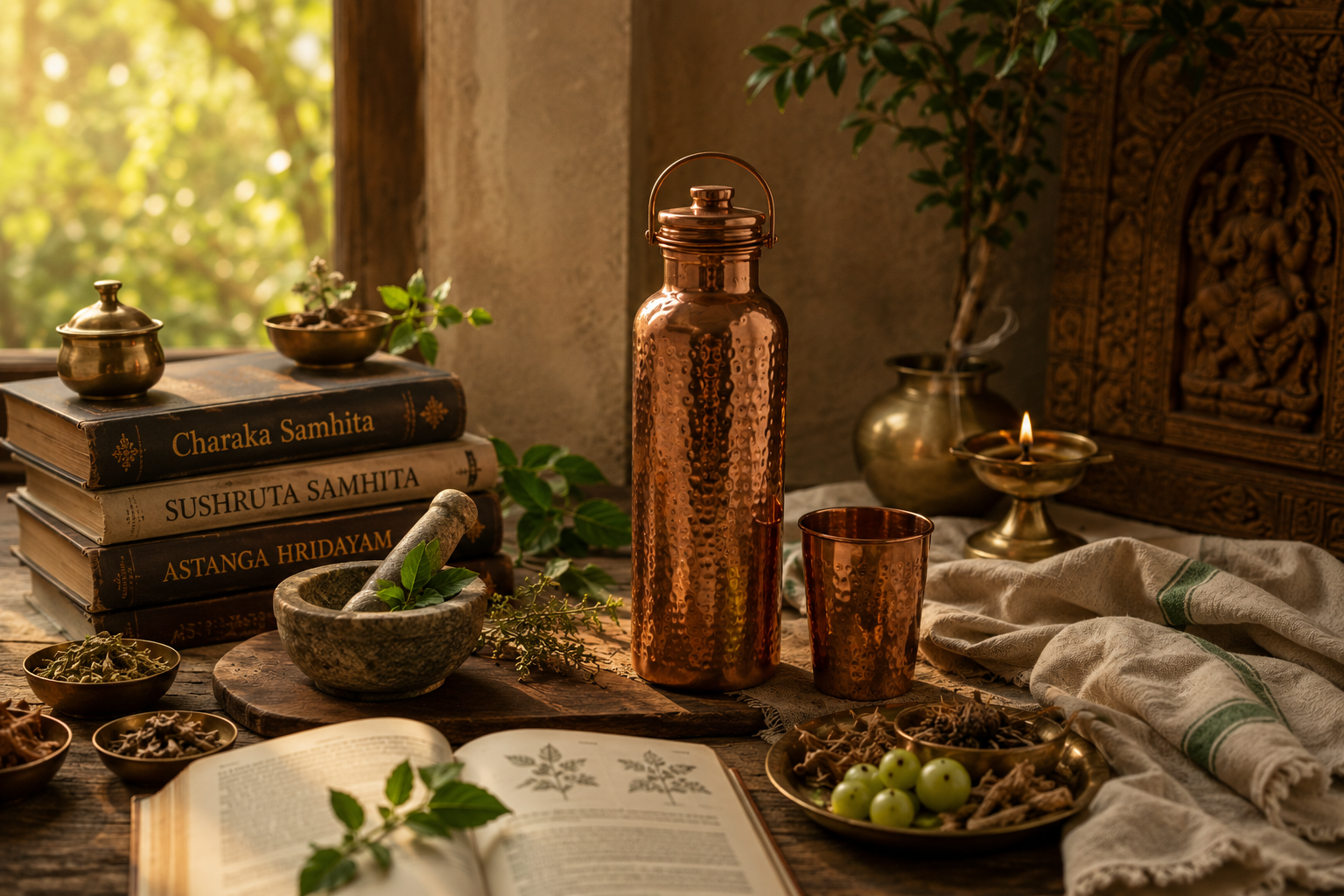 A copper bottle, tumbler, and Ayurvedic texts among herbs, spices, and a lit oil lamp on a wooden table.