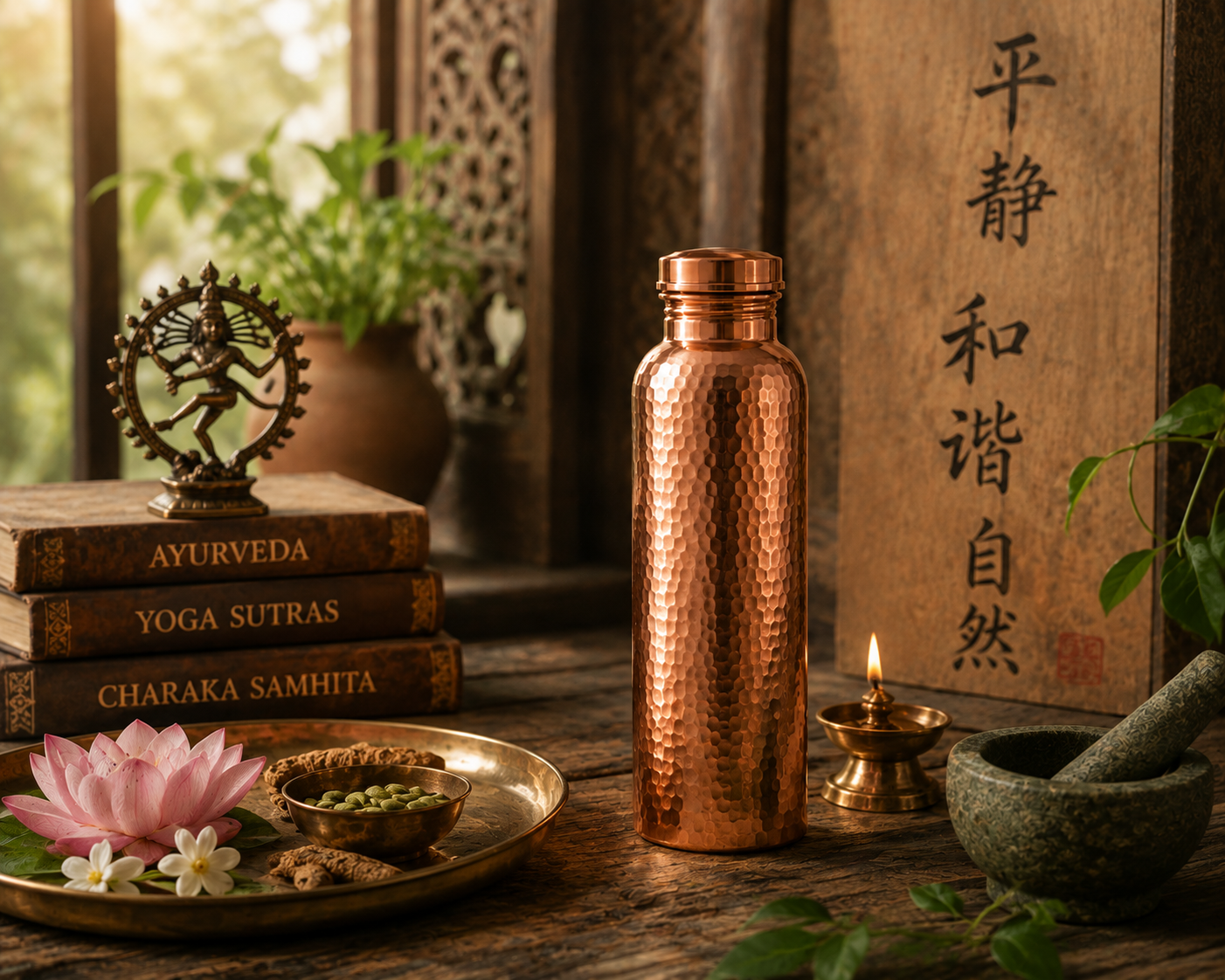Ayurvedic texts, a Nataraja figure, lotus and jasmine flowers, and a lit oil lamp arranged on a wooden table.