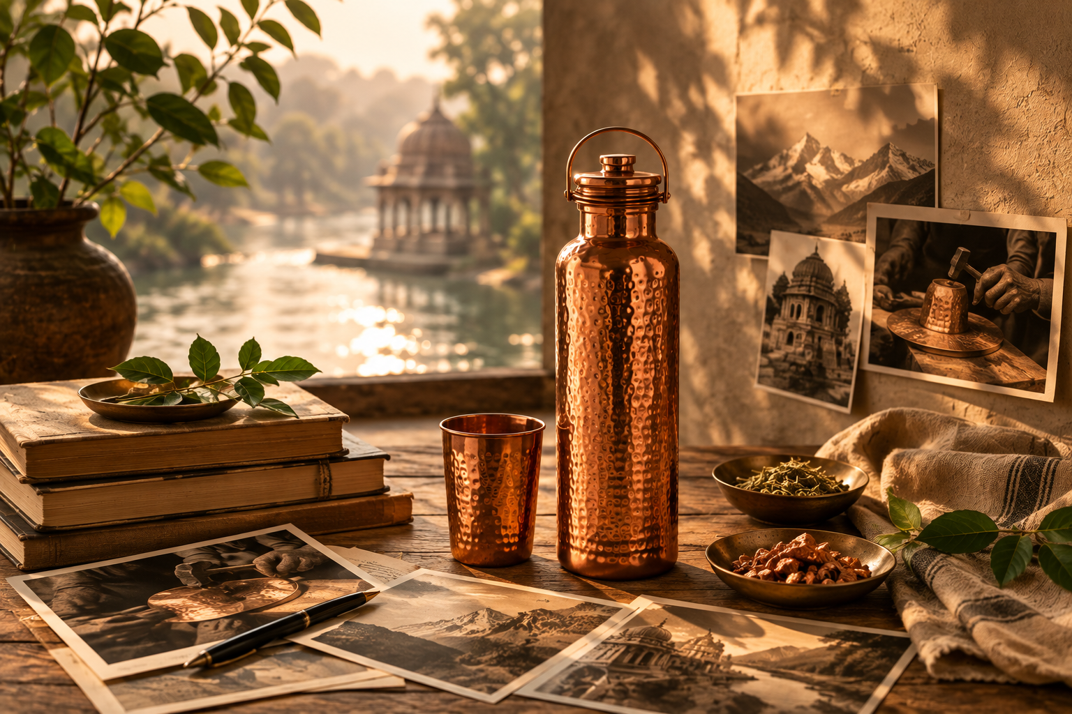 Old photographs, a coppersmith at work, and temple architecture arranged on a table overlooking a lake.