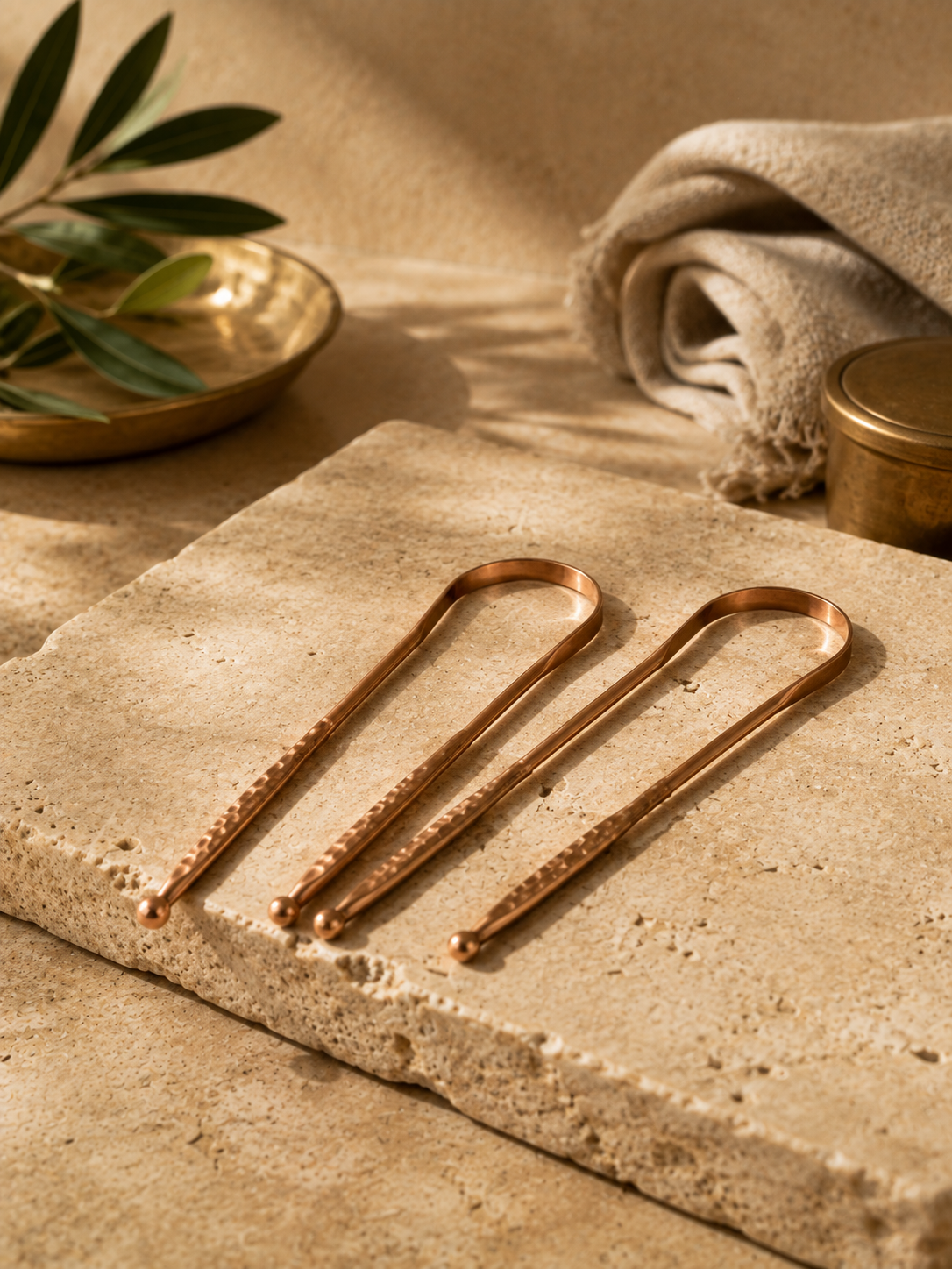Two Copper Tongue Cleansers laid on a sunlit stone surface, showing the hammered copper texture.