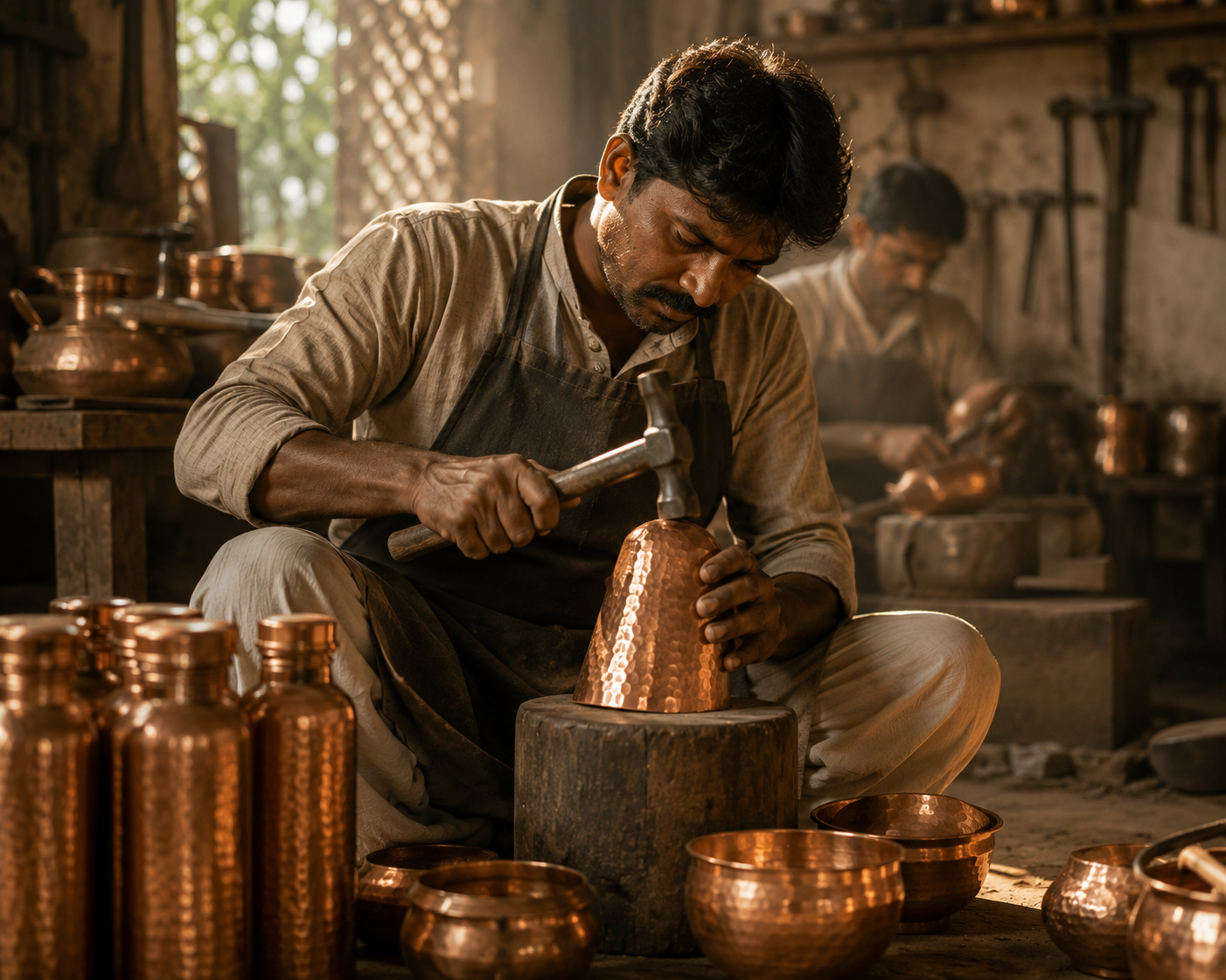 A coppersmith hammering a vessel over a wooden form in a workshop, finished copper bottles in the foreground, a second artisan working behind him.