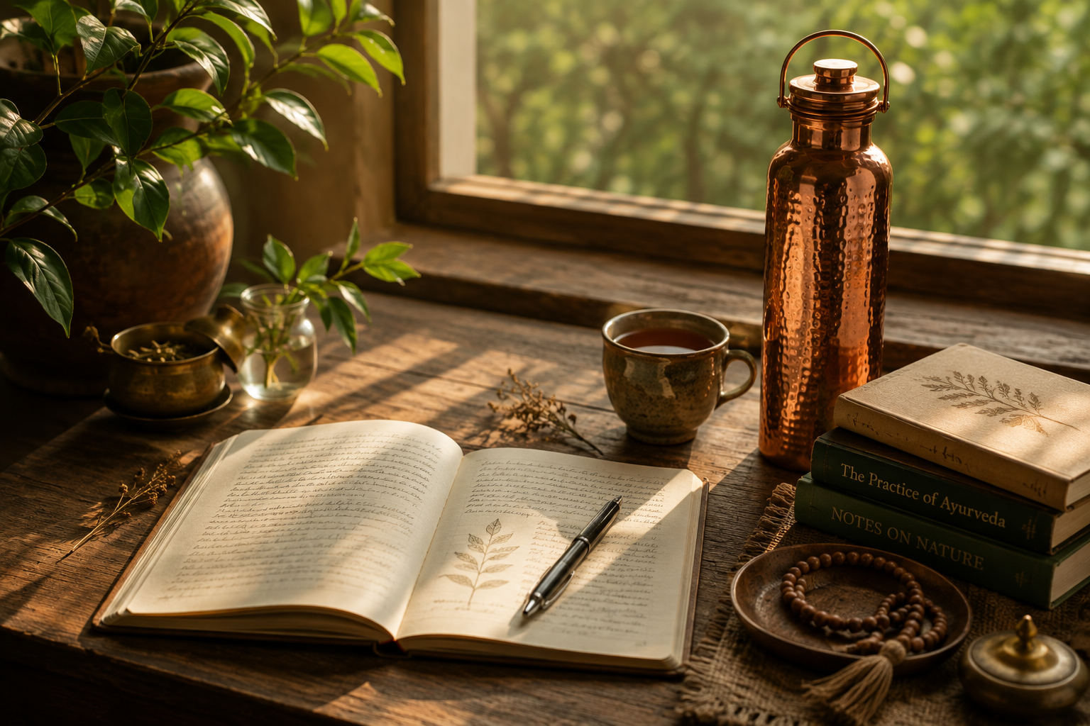 An open journal, a cup of tea, and a copper bottle on a windowsill in morning light.