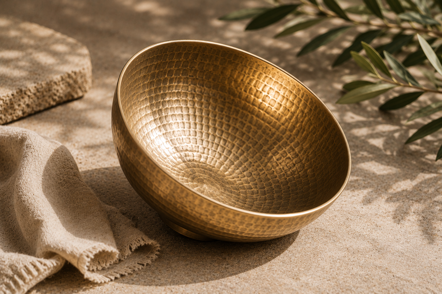 The Kansa Wellness Bowl tilted at an angle, showing the hammered bronze texture, on a sunlit stone surface with an olive branch.