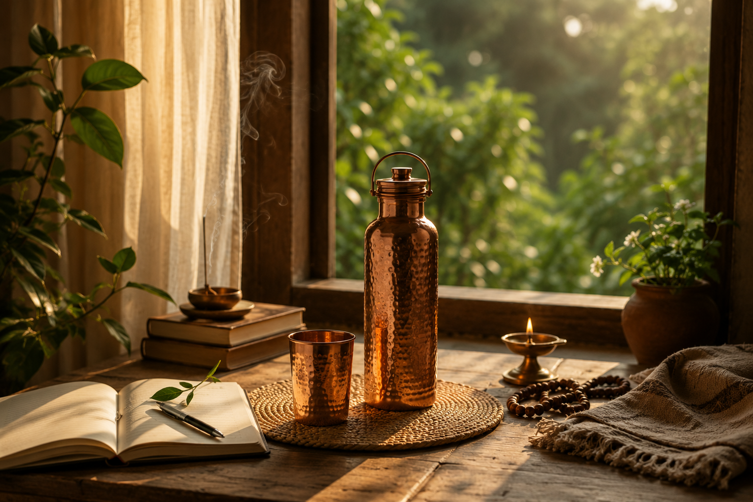 A copper bottle and tumbler with incense, a candle, and mala beads on a windowsill in morning light.