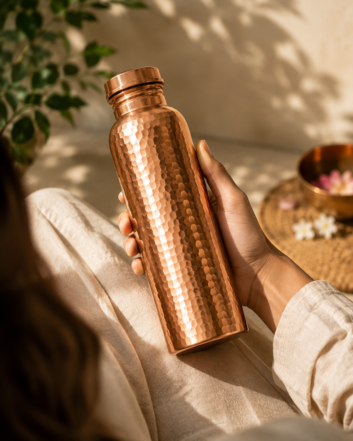 A hand holding The Ritual Bottle against light linen, in warm afternoon light.