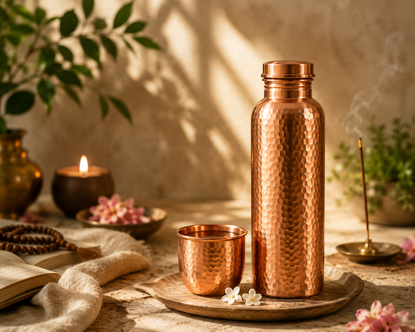 The Ritual Bottle and tumbler on a wooden tray with a candle, incense, and mala beads, in morning light.