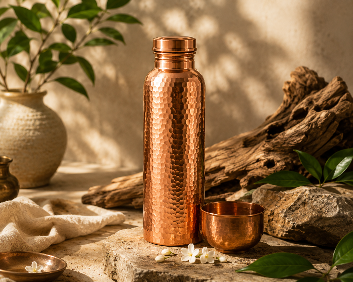 The Ritual Bottle and a copper tumbler composed with driftwood, stone, and linen.