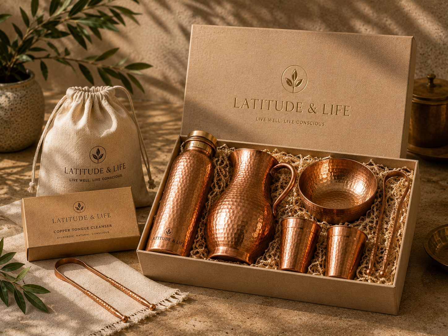 The Ritual Gift Set, an open branded box holding a copper bottle, jug, bowl, two tumblers, and tongs, with a drawstring pouch and tongue cleanser box alongside.