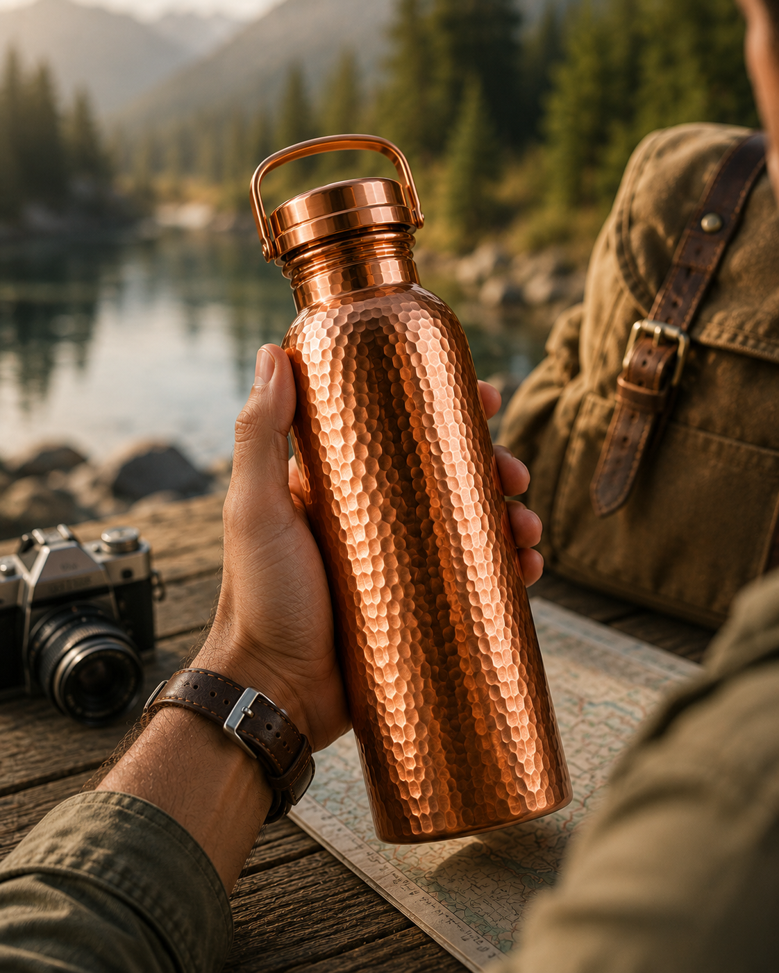 A hand holding The Traveler Bottle beside a mountain lake, a camera and backpack nearby.