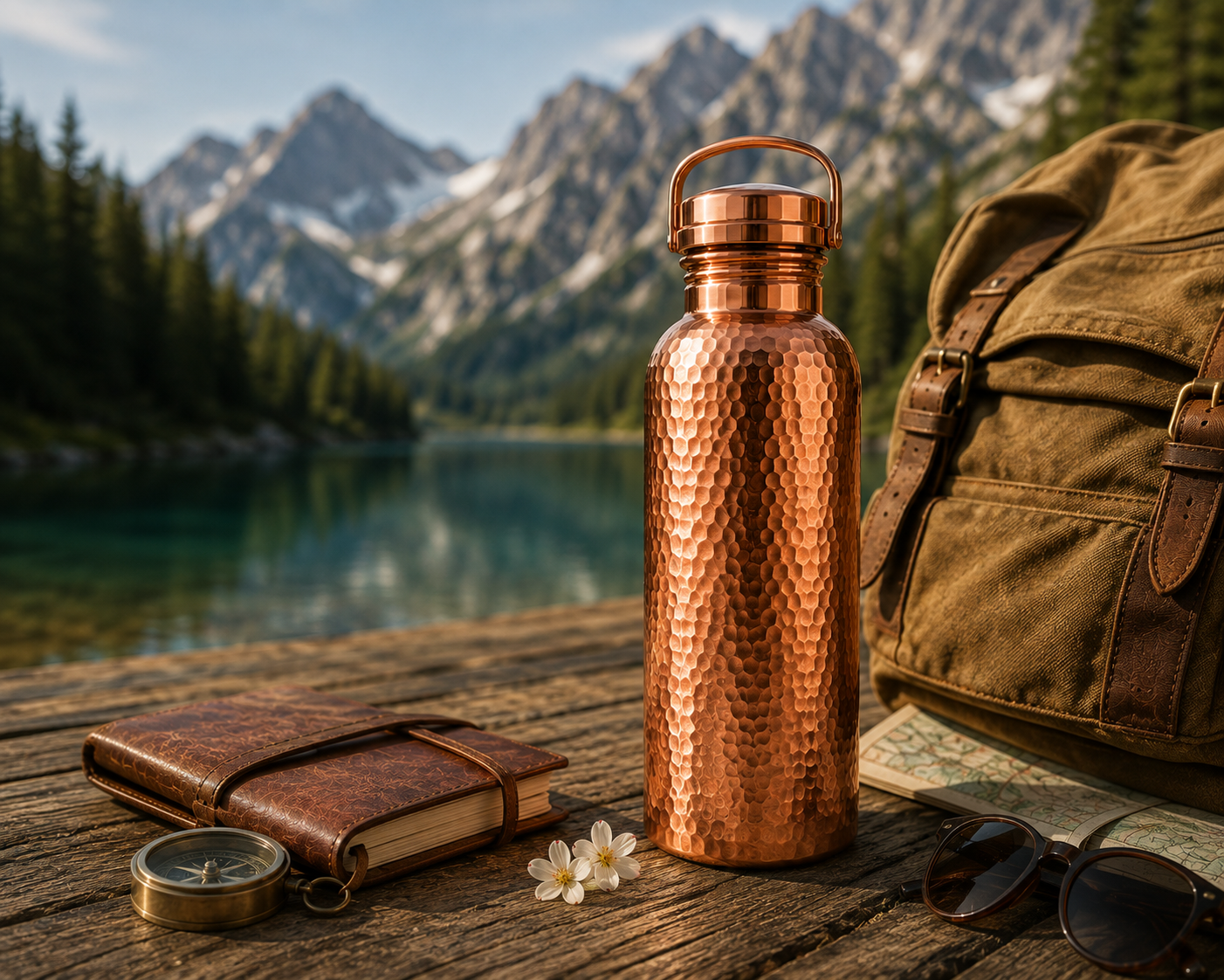 The Traveler Bottle standing on a lakeside dock with mountains behind, a travel journal and compass beside it.