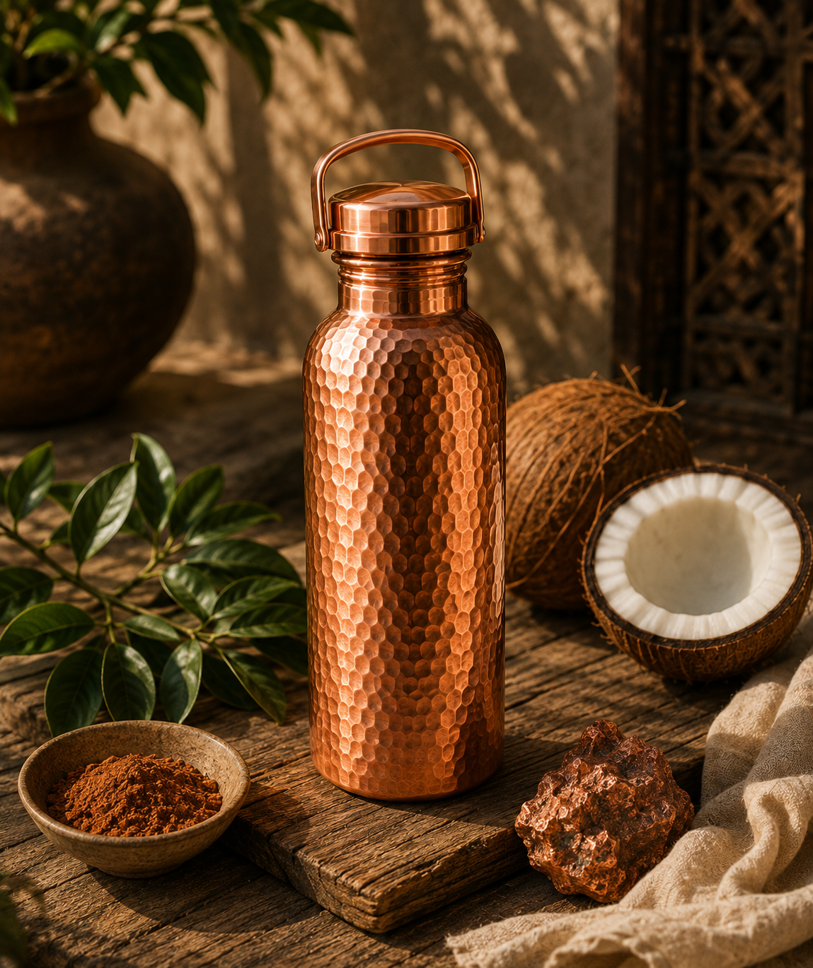 The Traveler Bottle with a coconut, raw copper ore, and green leaves on a wooden surface.