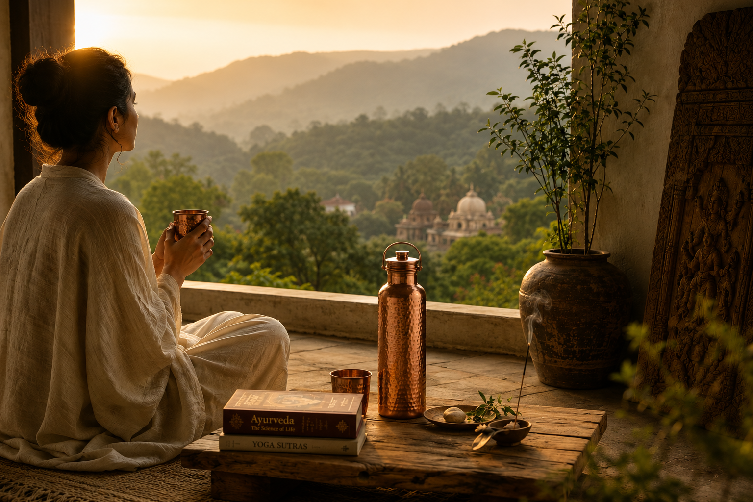 A woman drinking from a copper tumbler on a temple-view terrace at sunrise, copper bottle and Ayurveda texts beside her.